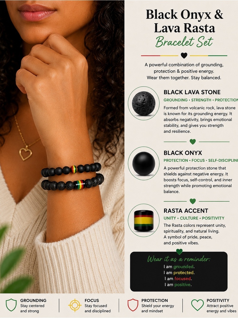 Black Lava & Matte Rasta Bead Bracelet Set